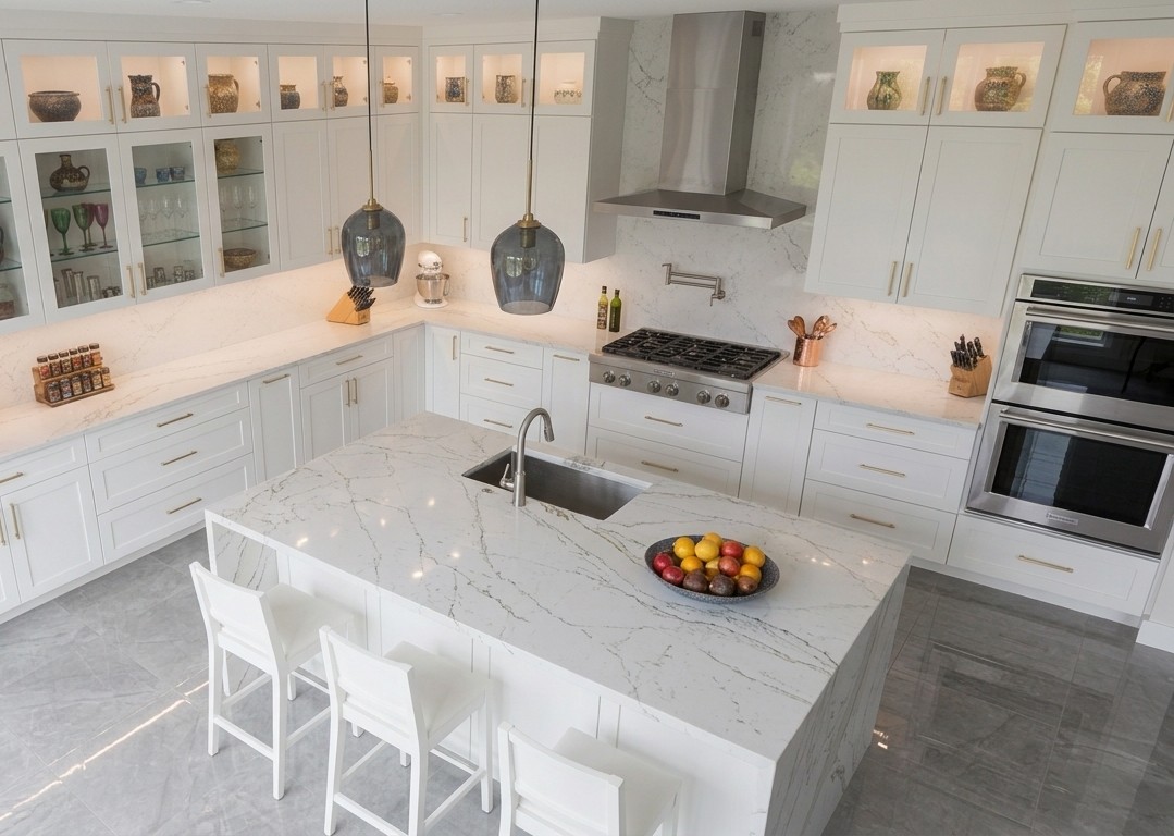 Quartz waterfall island countertop in a bright white kitchen